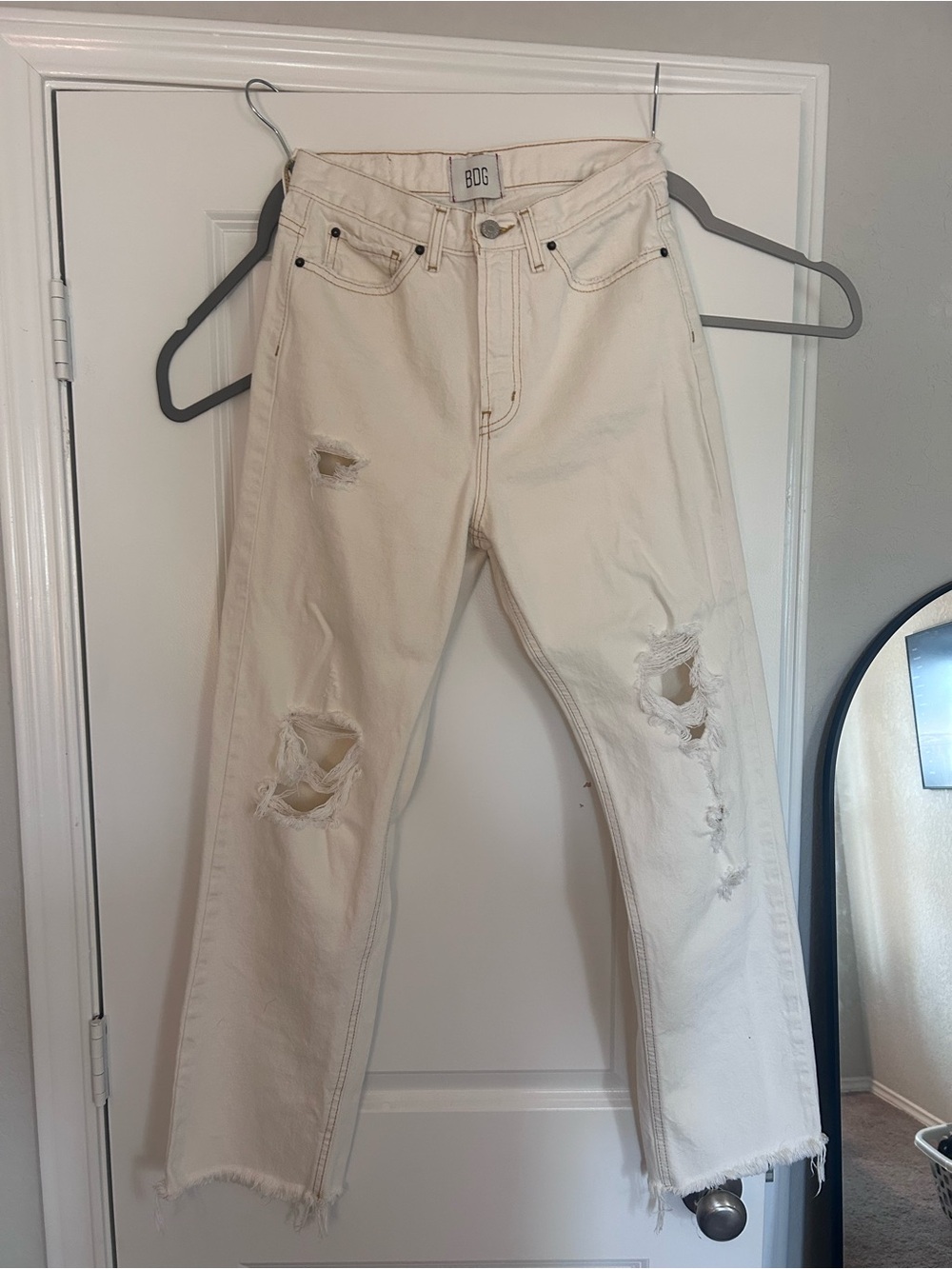 BDG Cream Distressed Straight-Leg Cowboy Jeans